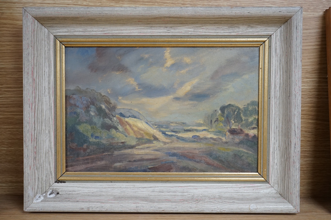 M. Snowdon, oil on board, ‘Storm over Boxhill’, unsigned, Exhibition label verso, 18 x 28cm. Condition - good